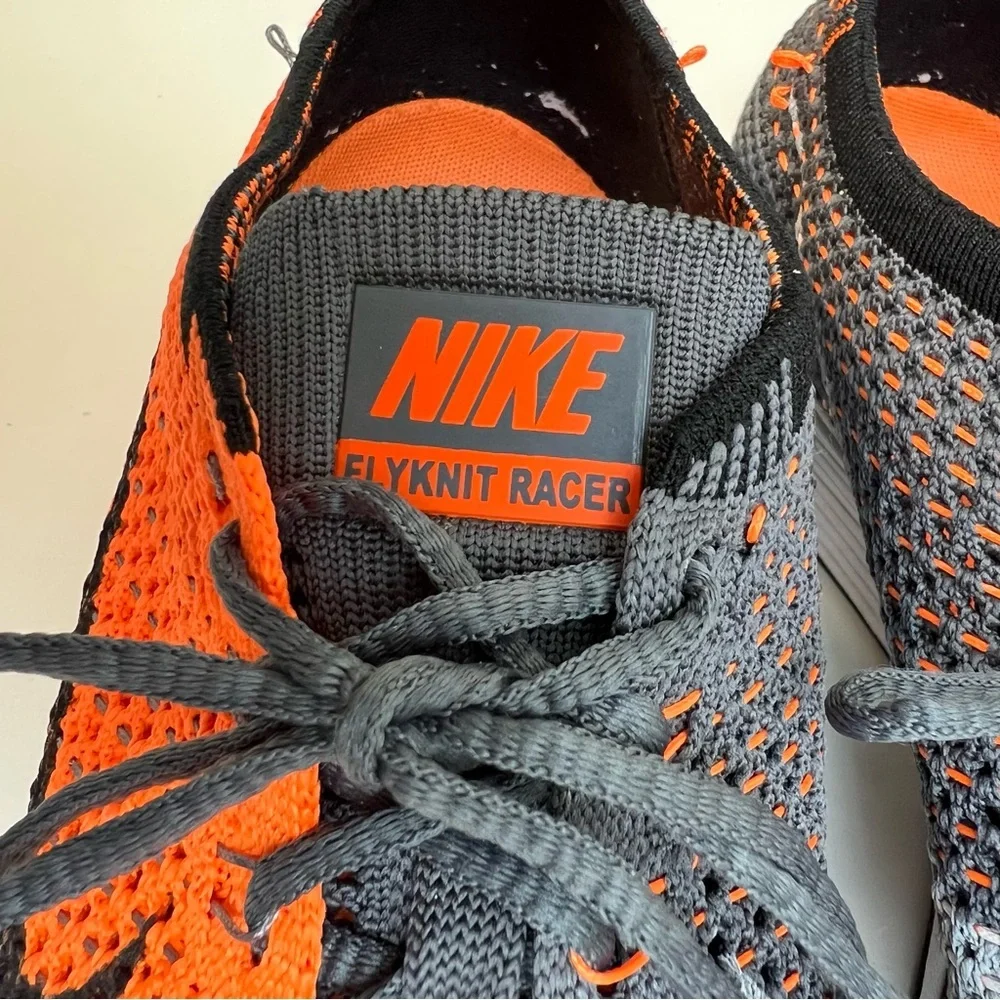 Nike Flyknit Racer Mens Size 9 Sneakers Runners Orange Black Mesh Swoosh - Picture 4 of 10